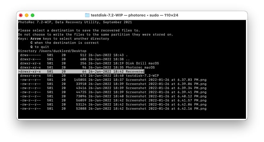 Mac Terminal PhotoRec Destination