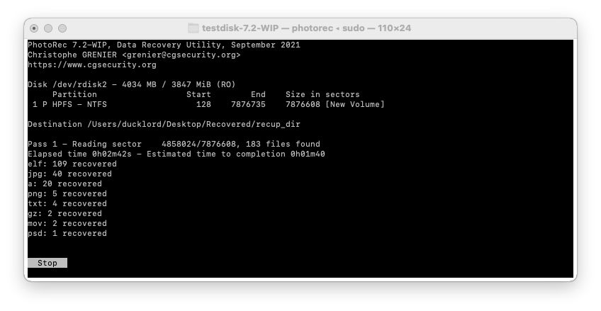 Mac Terminal PhotoRec Located Files
