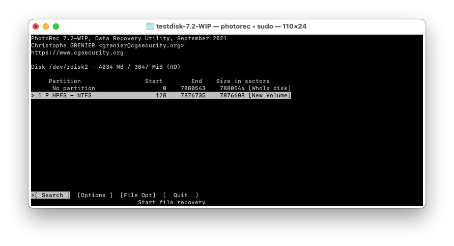 Mac Terminal PhotoRec Select Partition