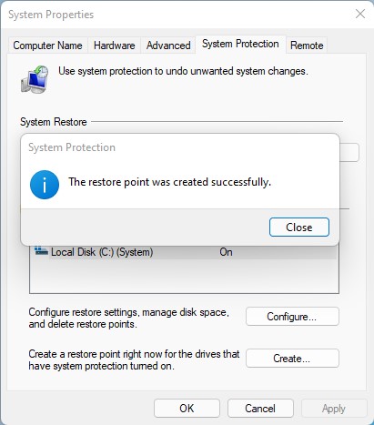 Make System Restore Point Success