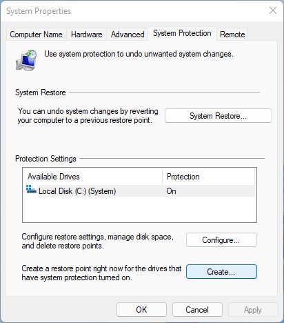 Make System Restore Point System Protection Create Button