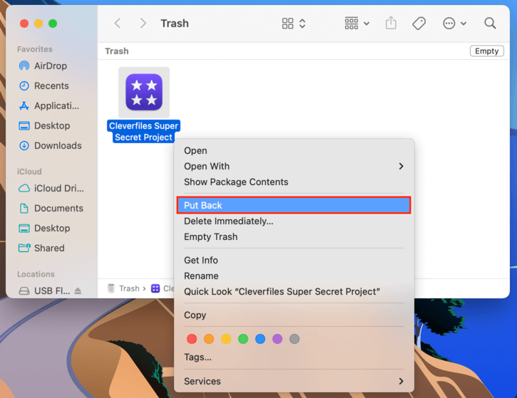 Right-click menu on an FCP file in the Trash folder