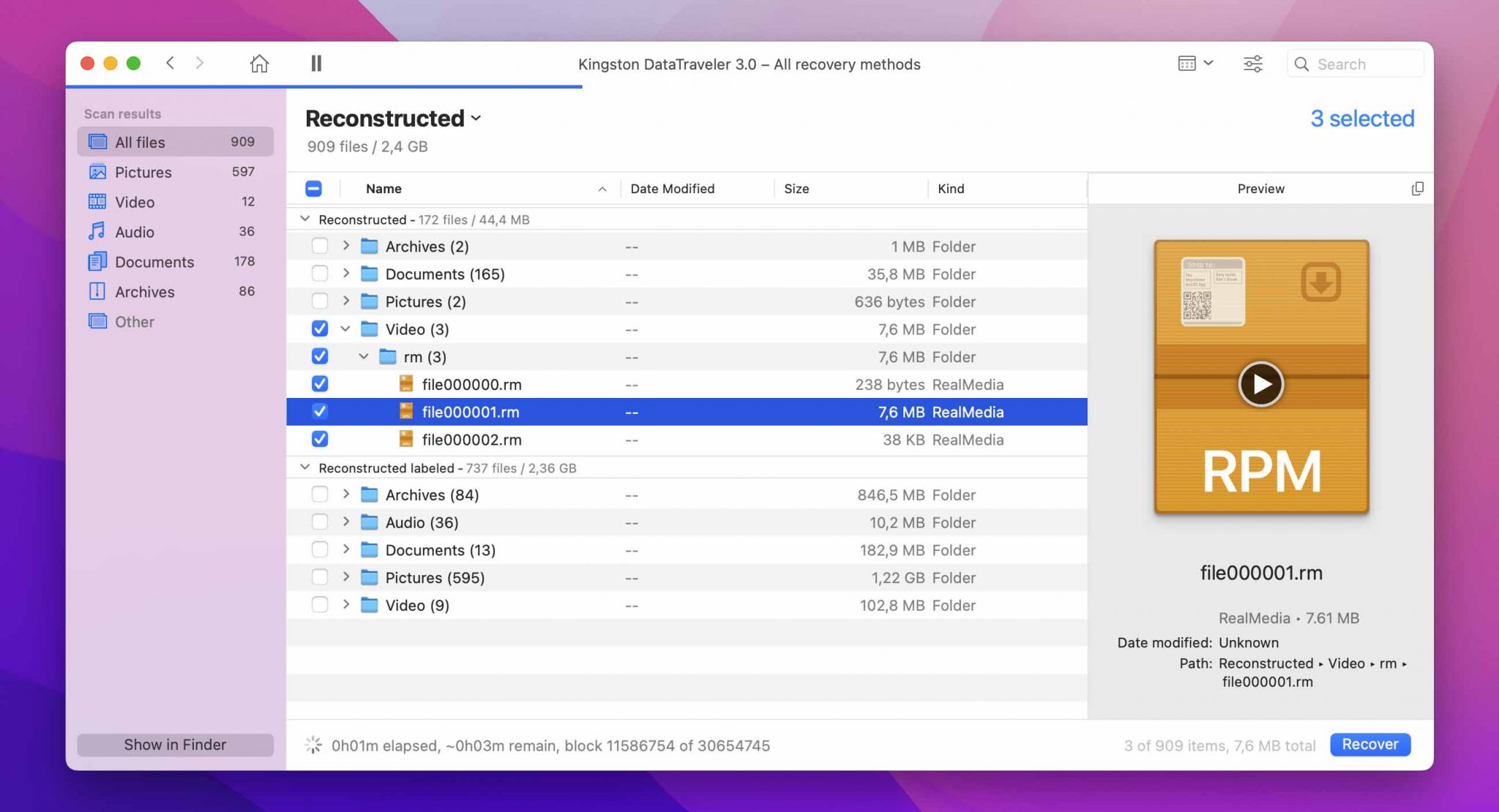 Recover RM file in Disk Drill.