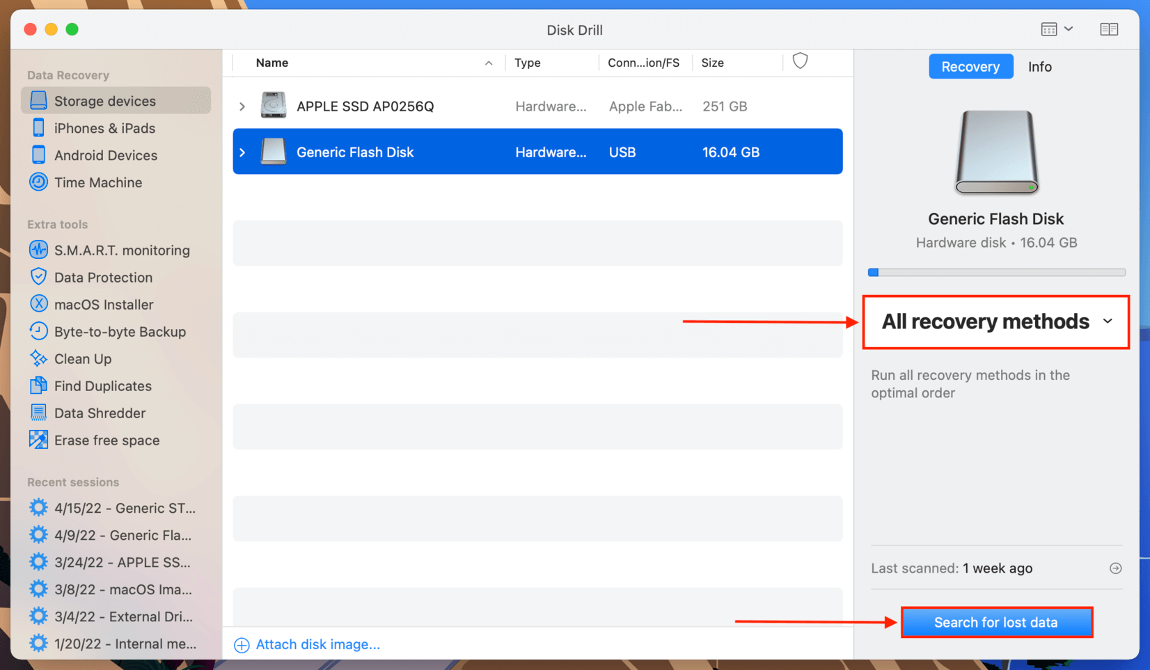 Disk Drill deep scan setting