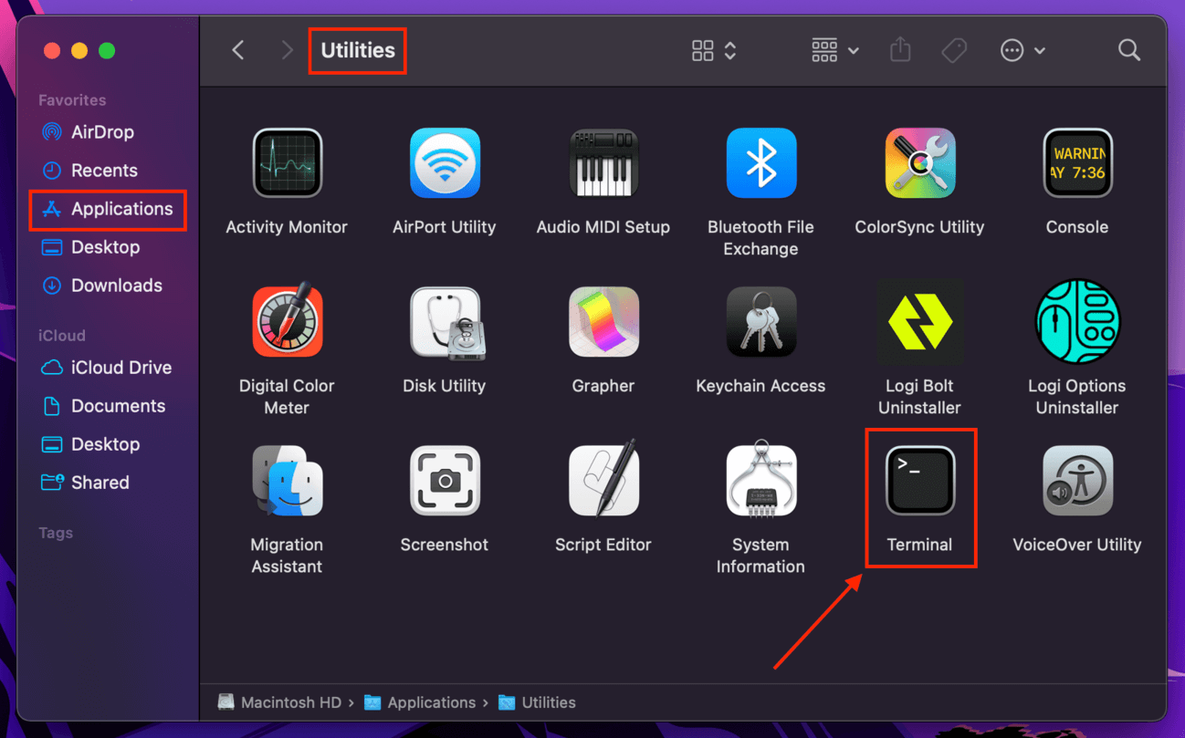 Terminal app in the Finder Applications folder