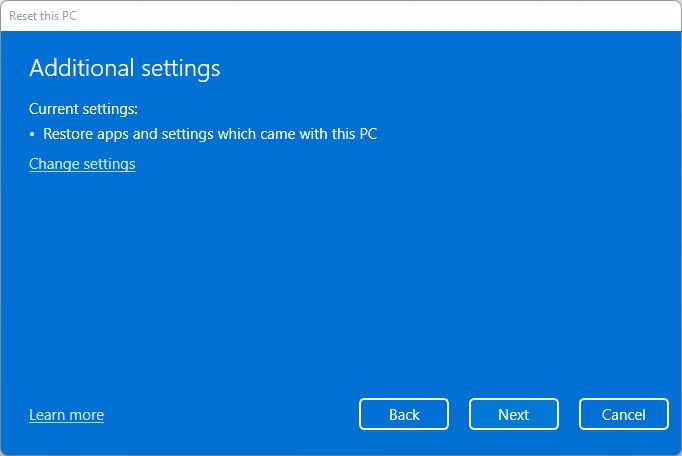 Reset PC Additional Settings