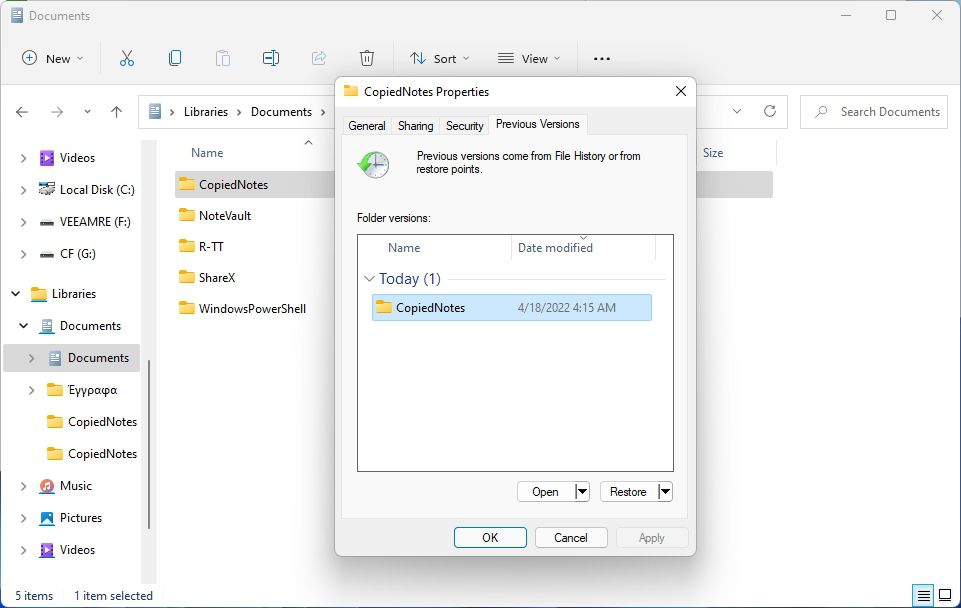 Restore Previous Versions From File Explorer Folder Properties