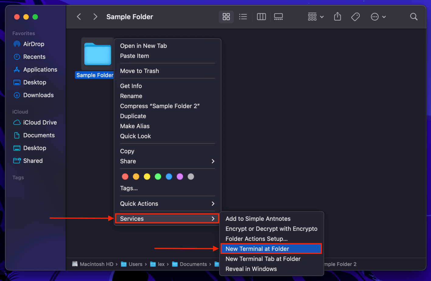 New Terminal at Window option on a Folder