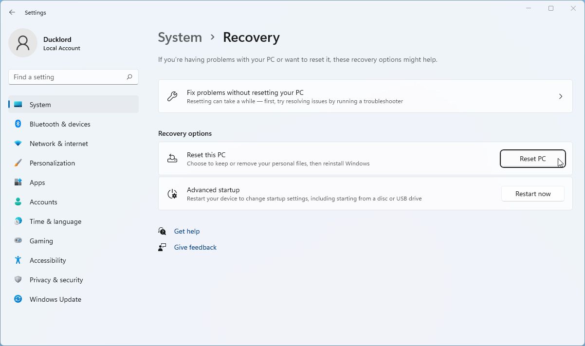 Windows 11 System Recovery Reset PC Option