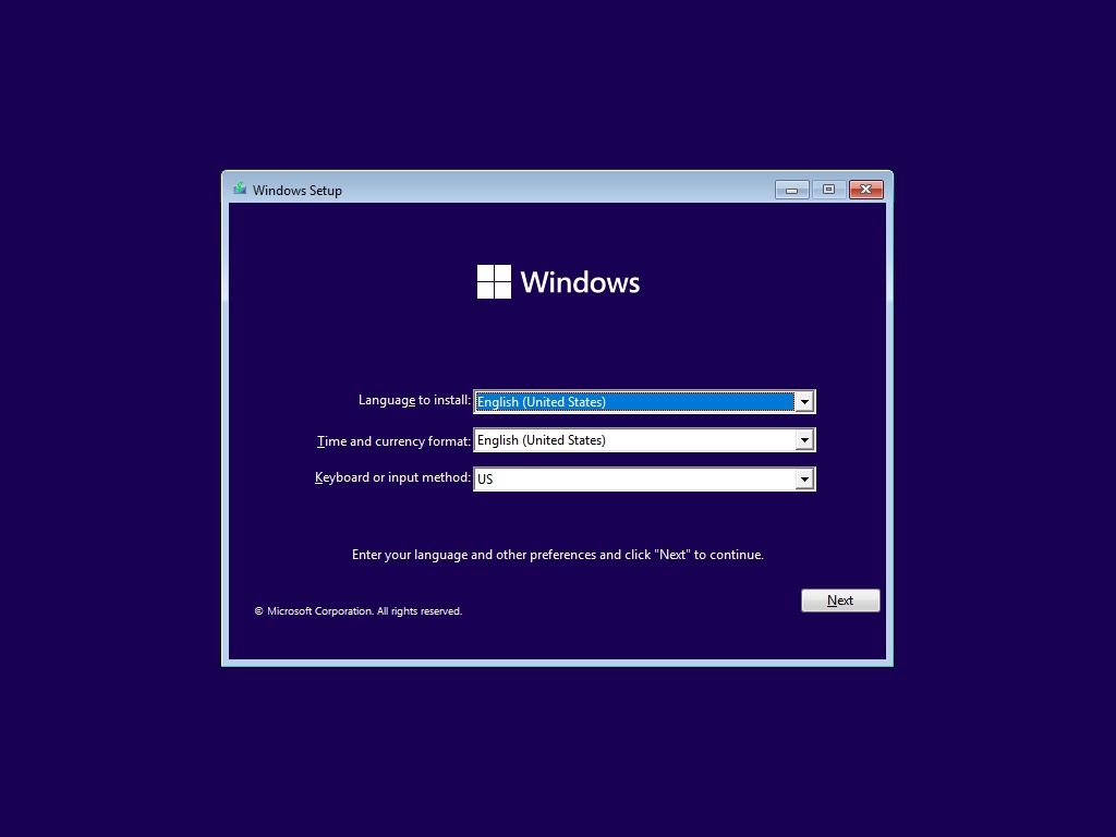 Windows Setup Initial Screen