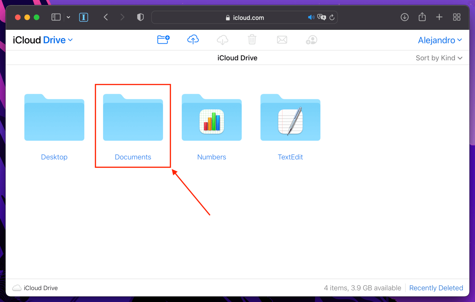 Documents folder in the iCloud website