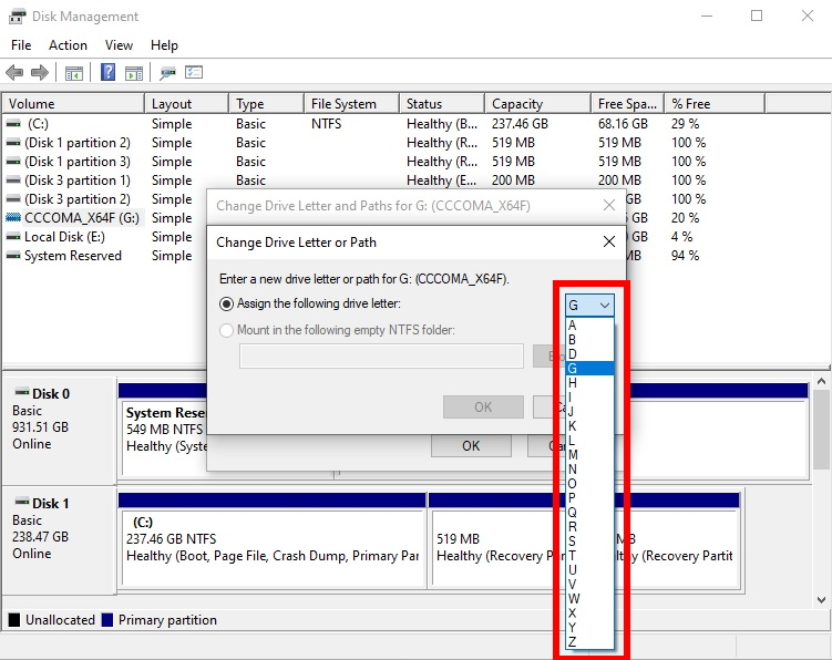 assing new drive letter in disk management