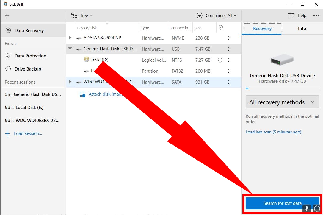 search for lost data disk drill