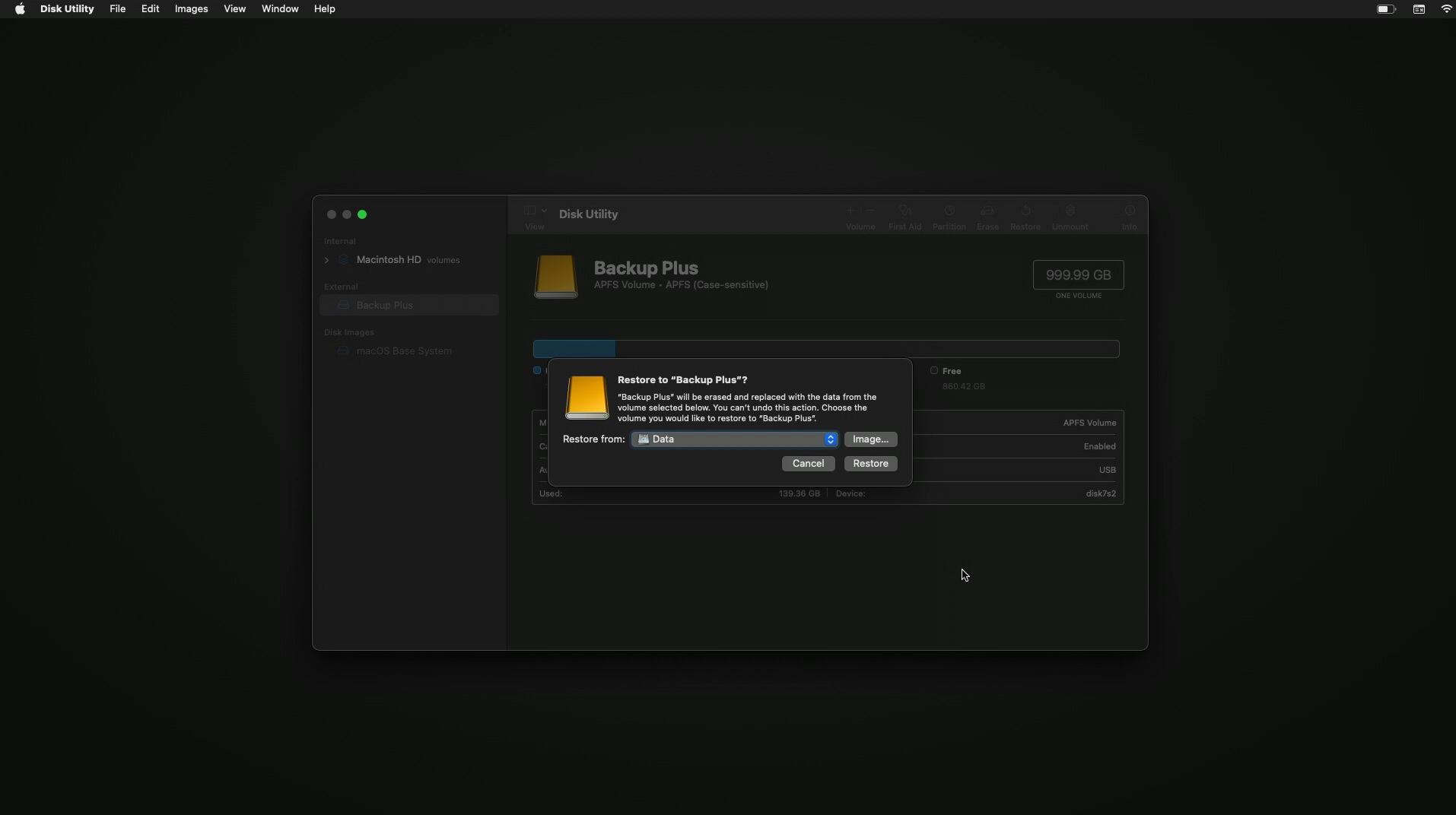 restore backup on macos using disk utility