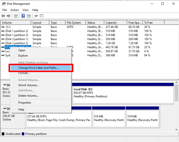 change drive letter and paths in disk management