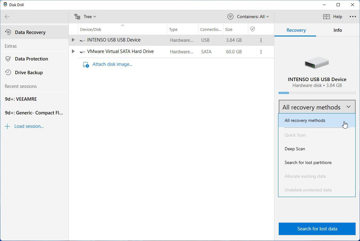 Disk Drill All Recovery Methods Selected