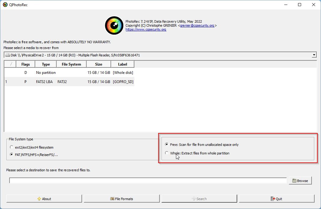 QPhotoRec Free Or Whole Scan