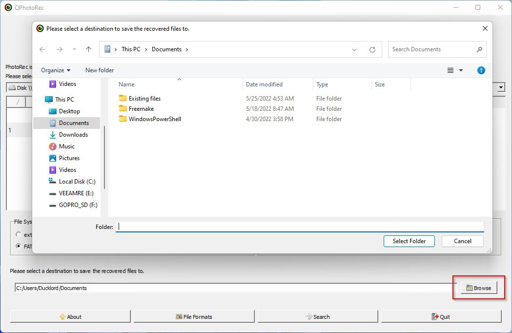 QPhotoRec Select Destination