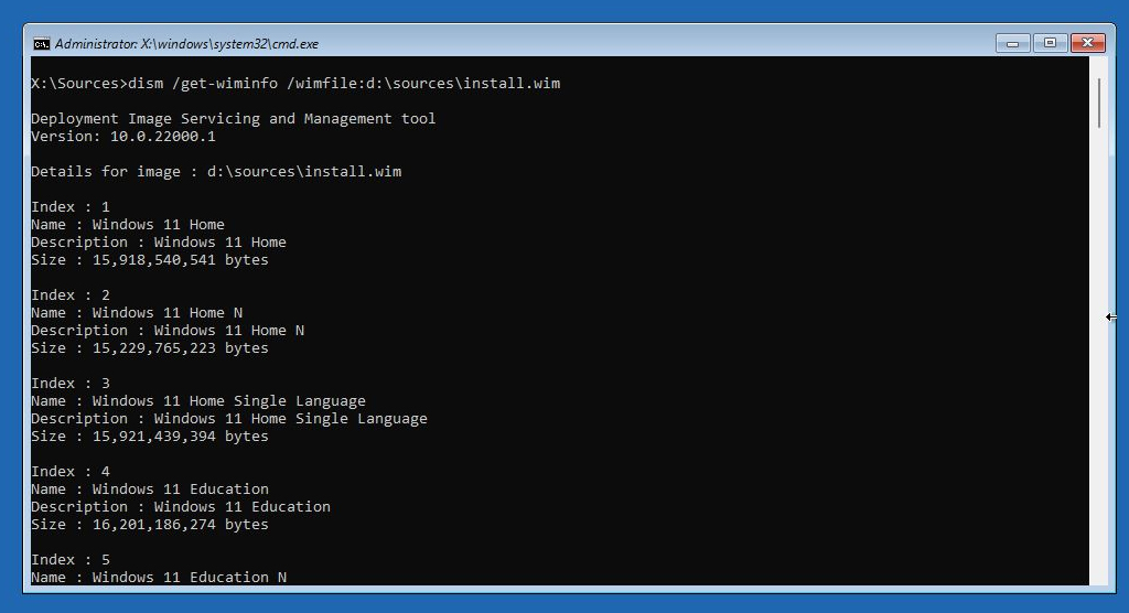Windows Settup Command Prompt DISM GET WIMINFO
