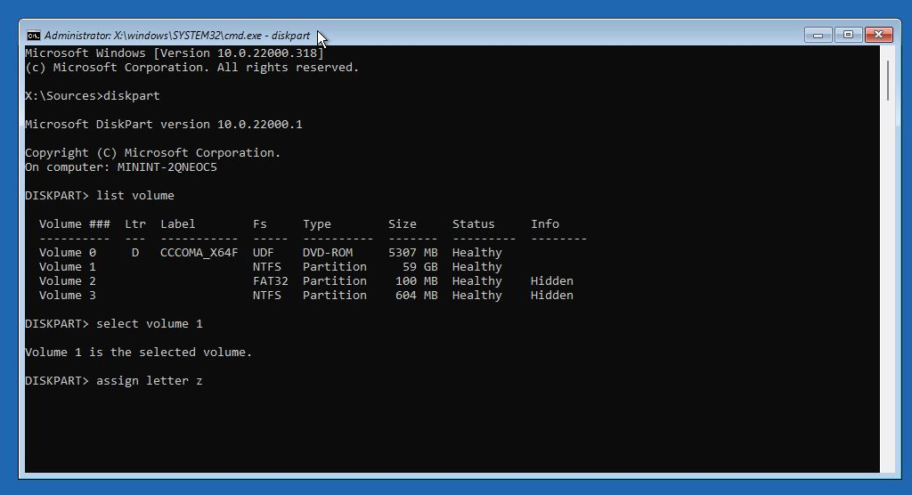 Windows Setup Command Prompt Diskpart Assign Letter