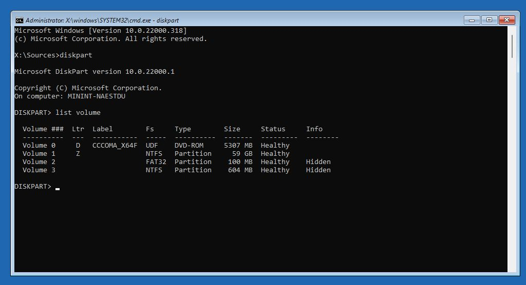 Windows Setup Command Prompt Diskpart List Volume