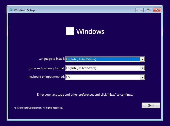 Windows Setup Initial Screen