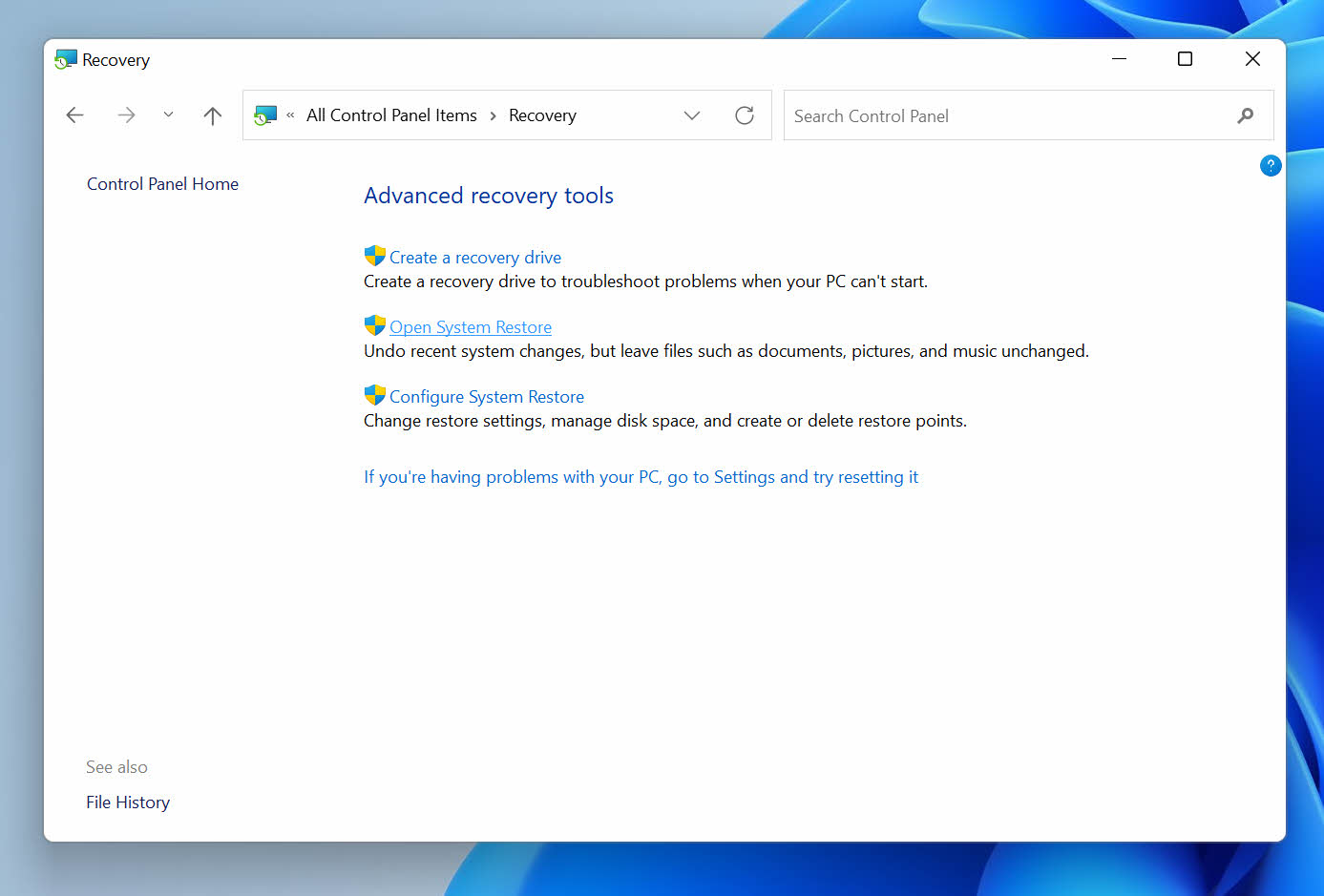 control panel system restore open