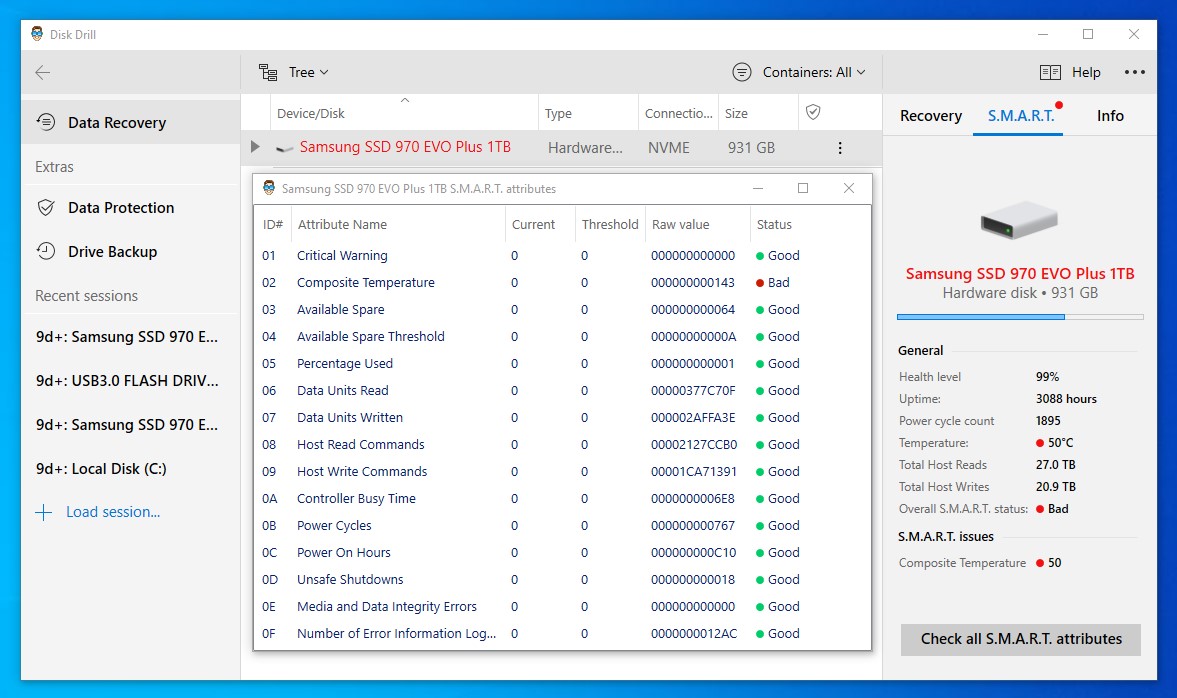 Disk Drill showing SMART data.