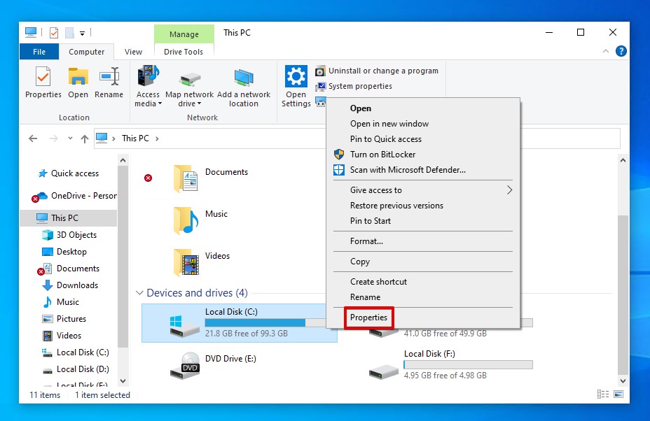 Checking the drive properties.