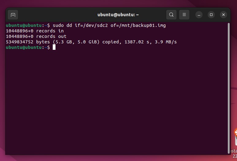 Running the dd command to create a backup.