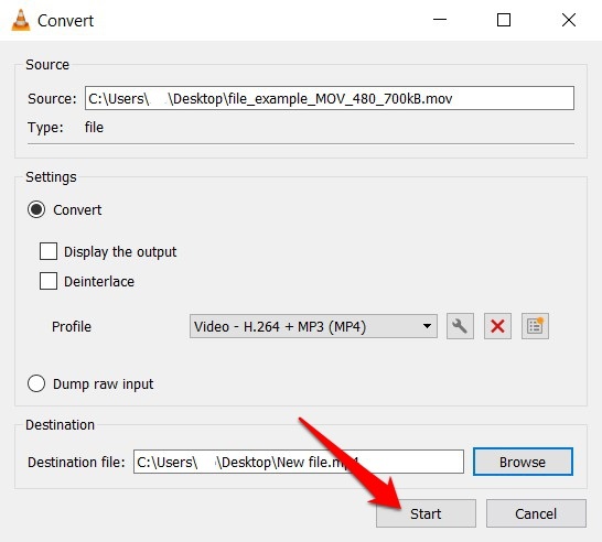 VLC start to convert MOV file to MP4.