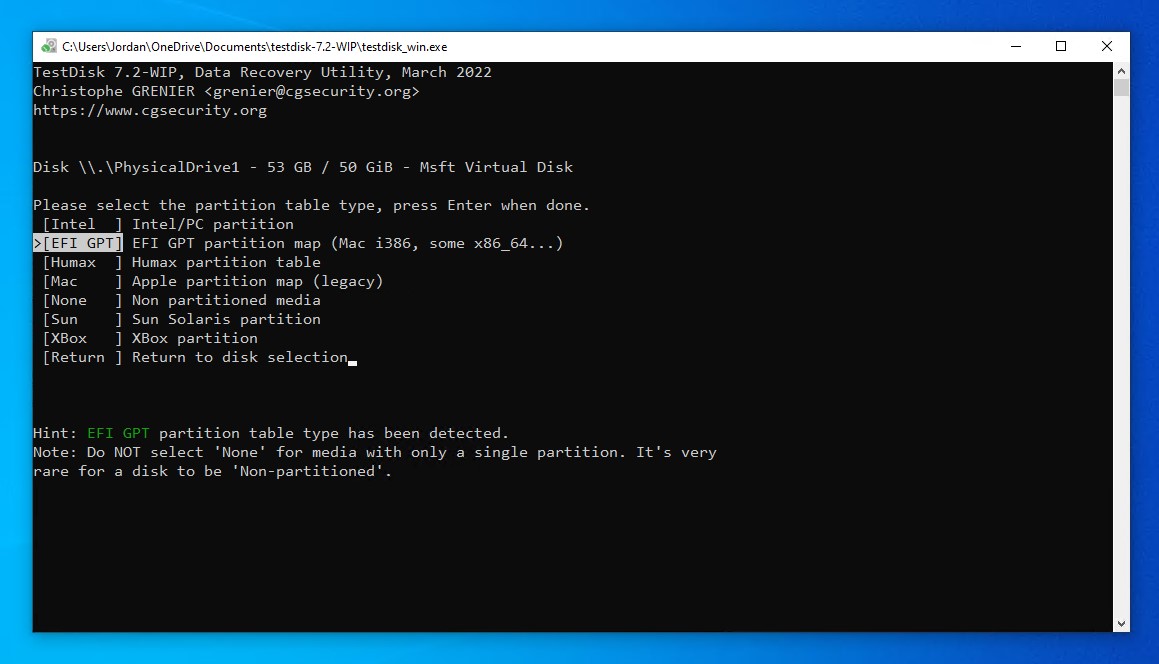 Choosing the partition table type.