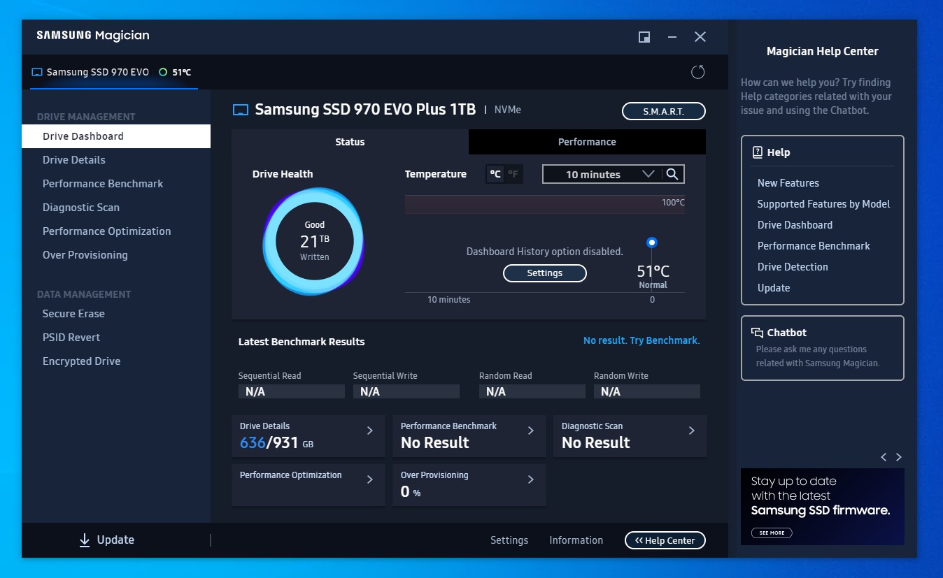 Samsung Magician showing SSD info.
