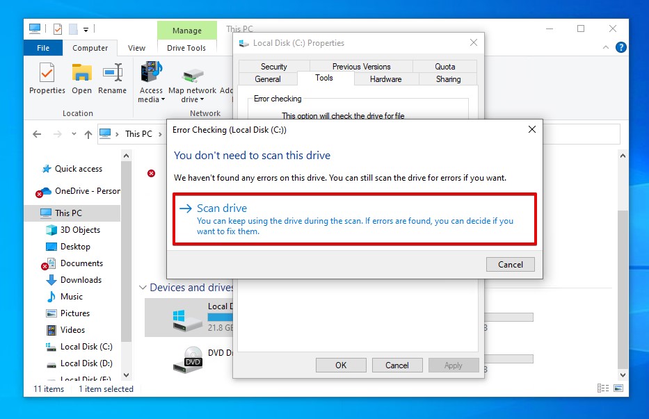 Scanning the drive for errors.