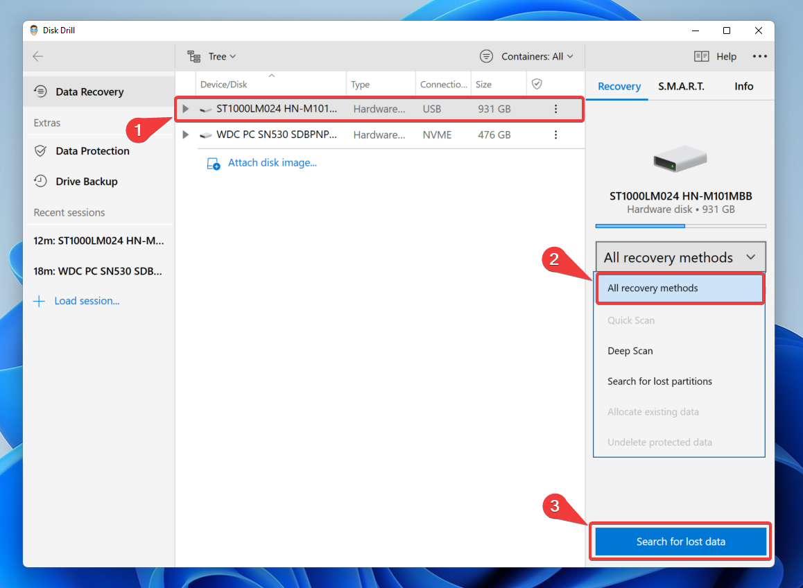 selecting hard drive on disk drill