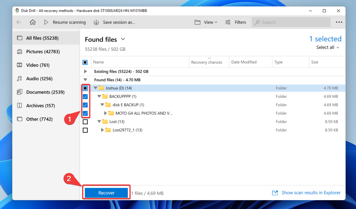 selecting files for data recovery