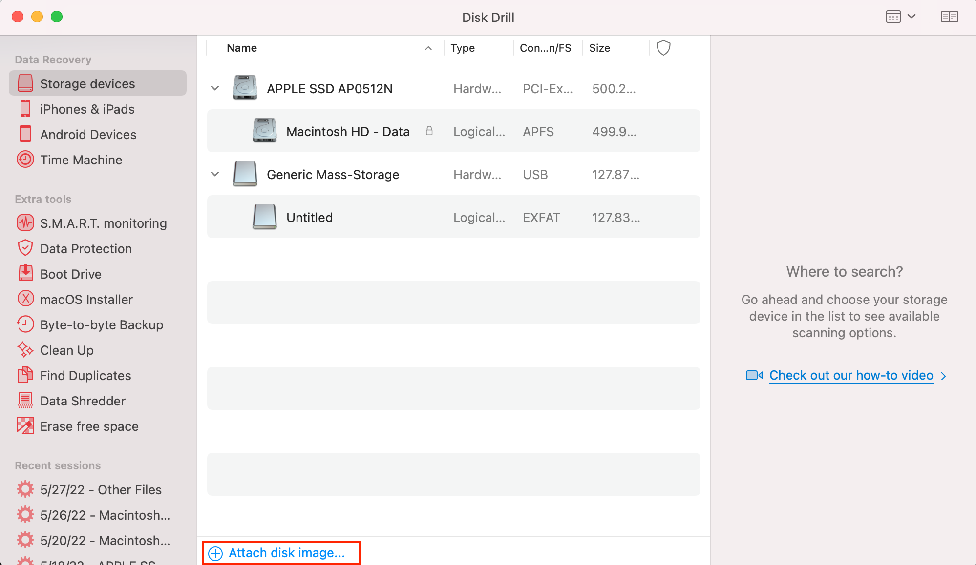 attach backup disk drill