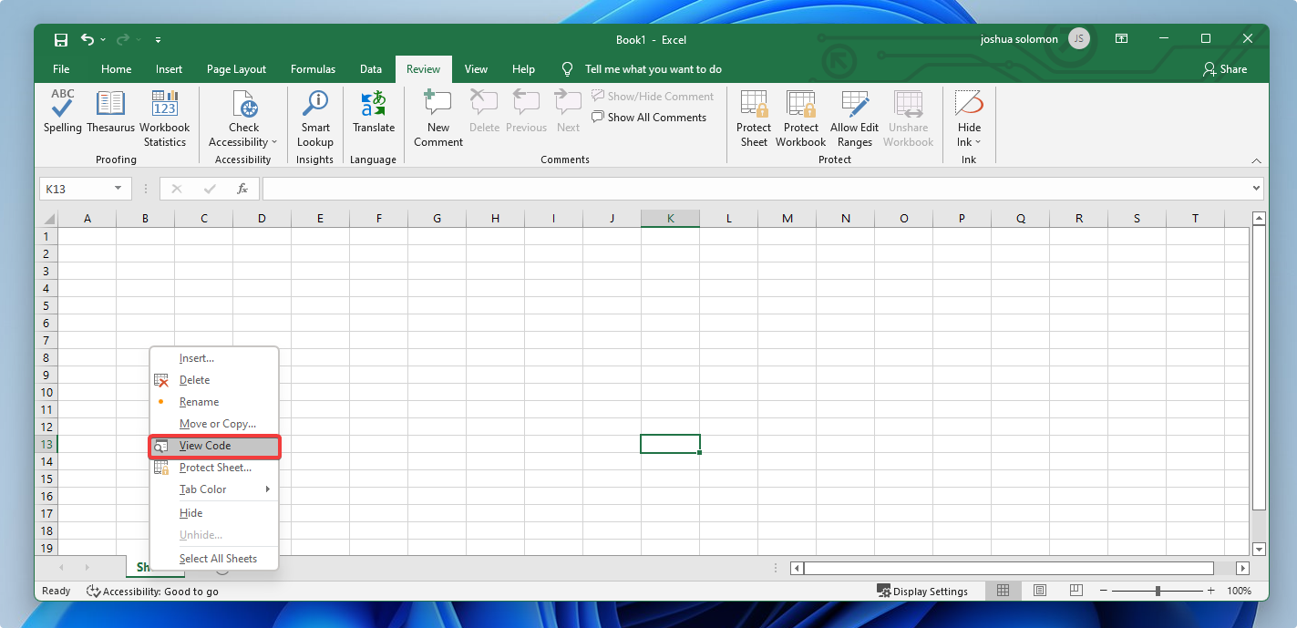 viewing macro code of an excel sheet