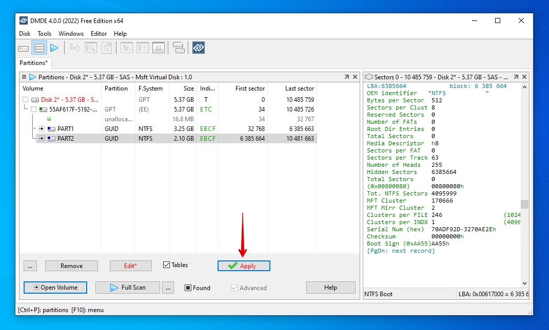 Applying the changes to the partition table.