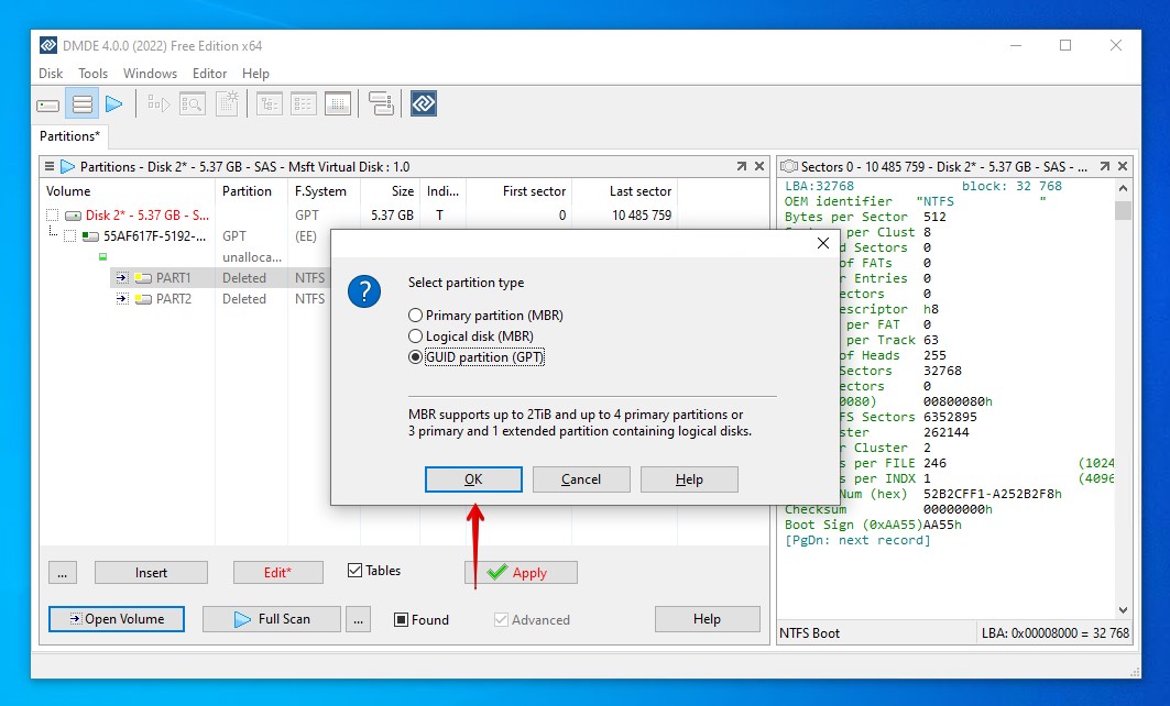 Choosing the partition type.