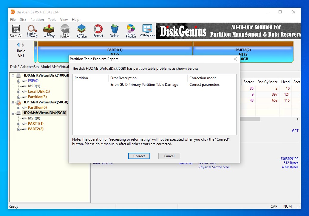 Automatically correcting partition table errors.