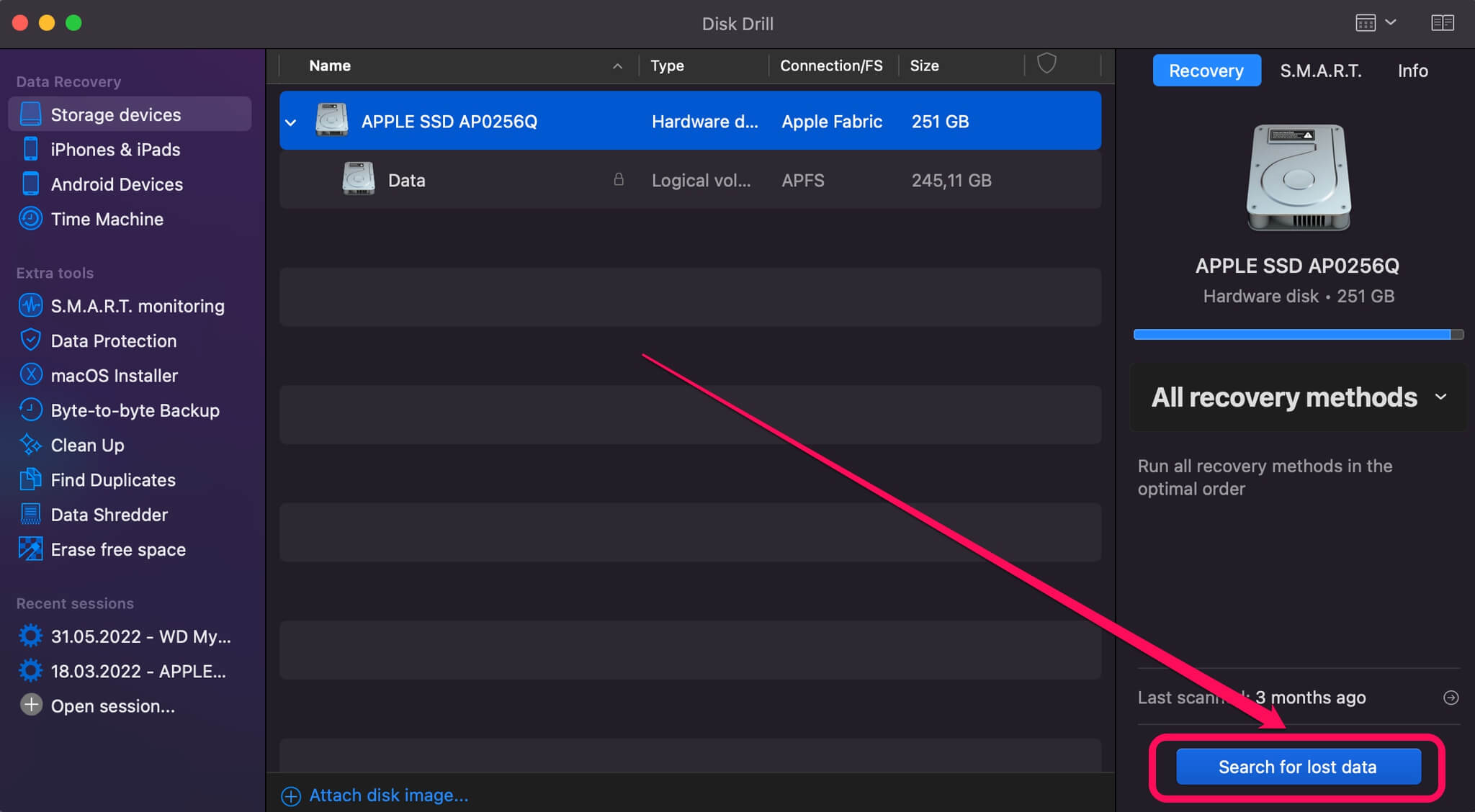 search for lost data disk drill