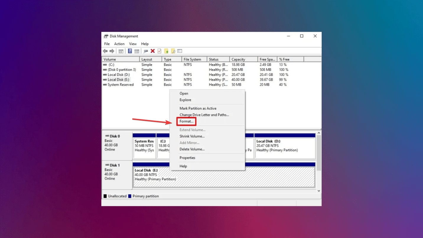 formatting drive on disk management