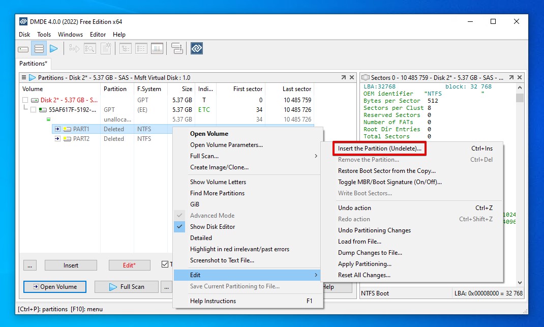 Inserting the partition to the partition table.