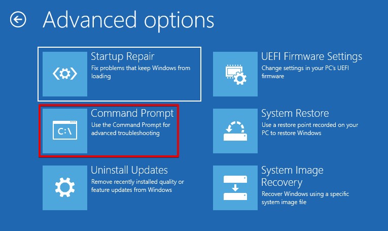 Open the Command Prompt in Windows RE.