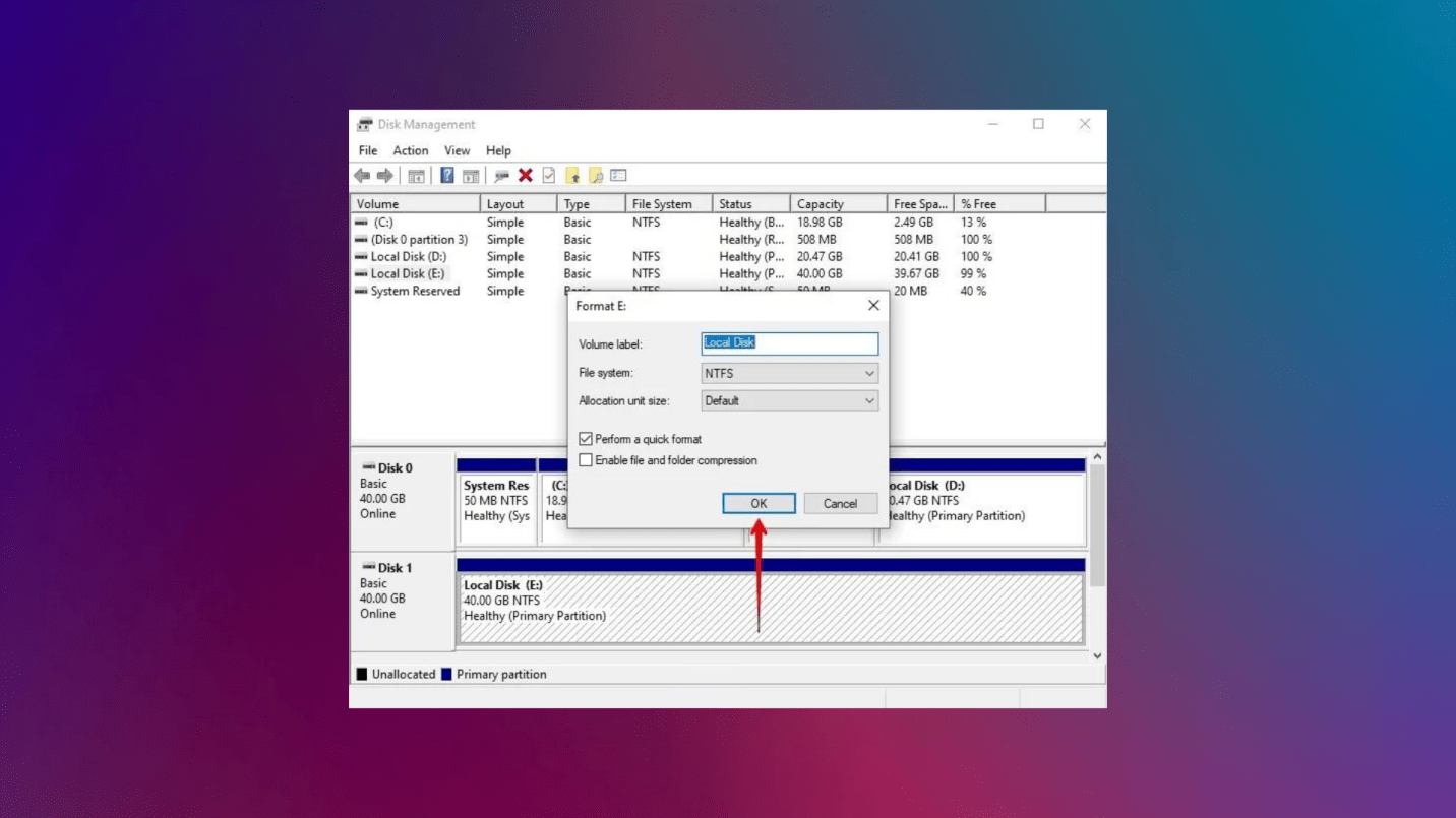 performing a quick format on disk management