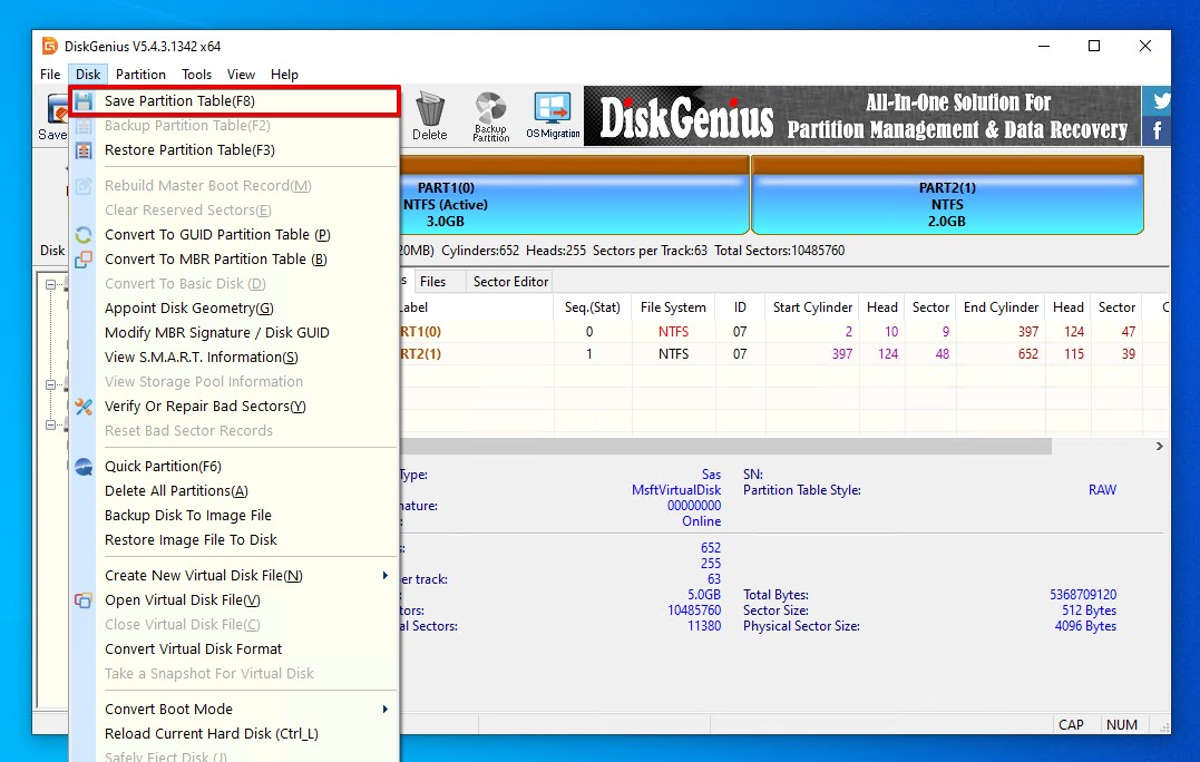 Saving the updated partition table.