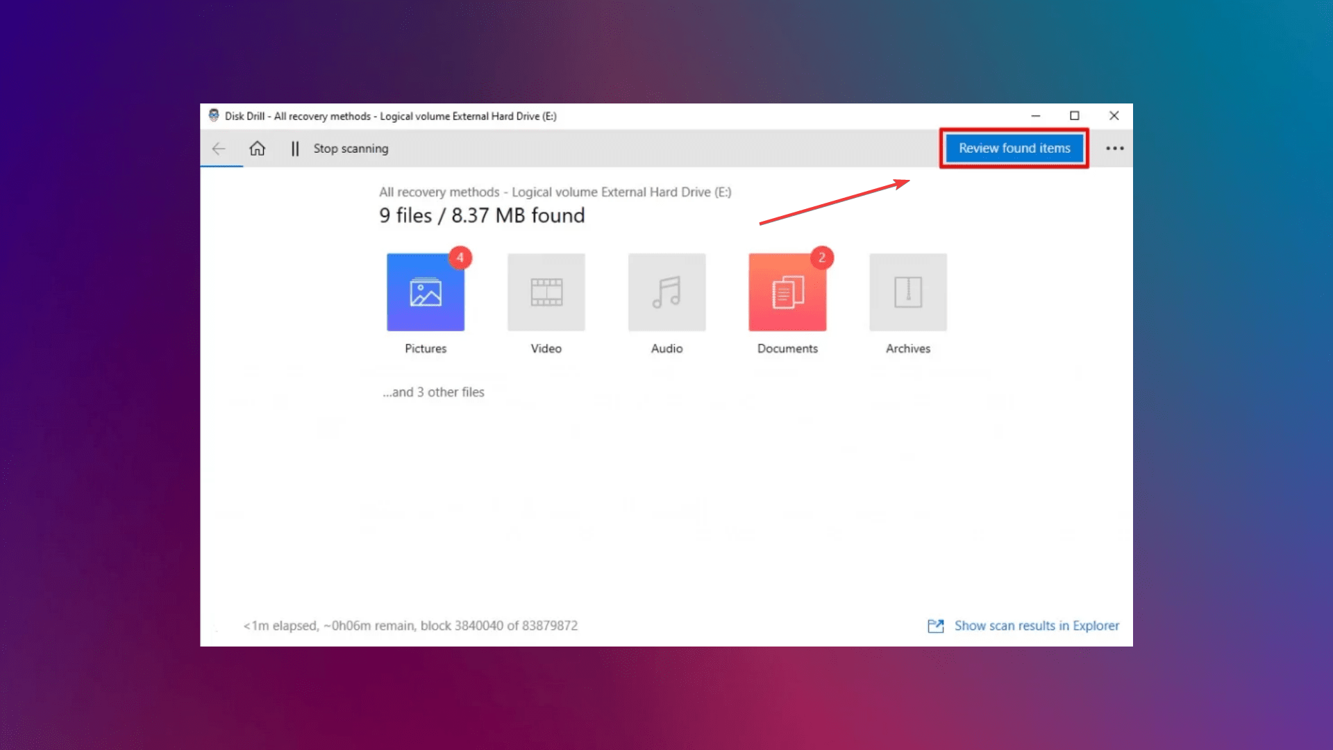 scan window in disk drill