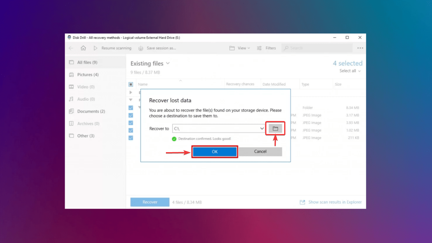 selecting destination for recovering files