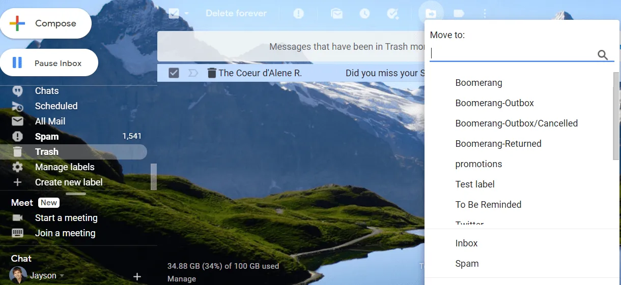 trash option on gmail